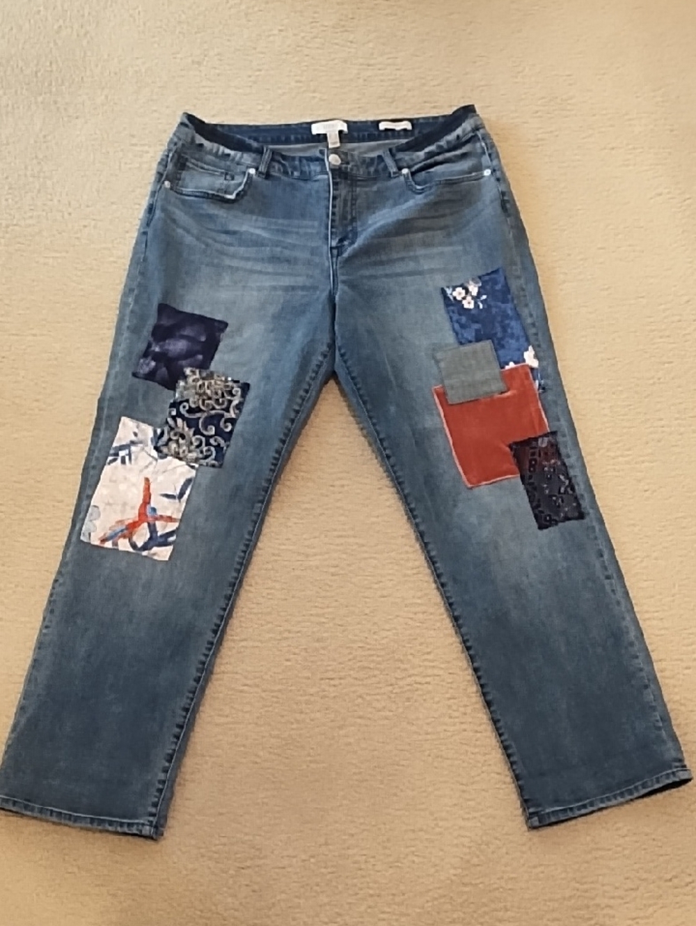 LOGO by Lori Goldstein Blue Denim Straight-Leg Jeans with Patchwork Accents
